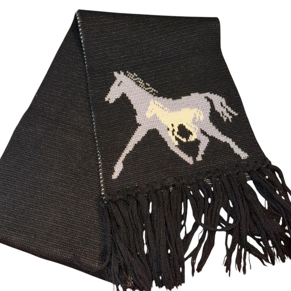 Vintage 100% Wool Horse Foal Scarf Black Equestrian Knit Fringe 76" Long Unisex